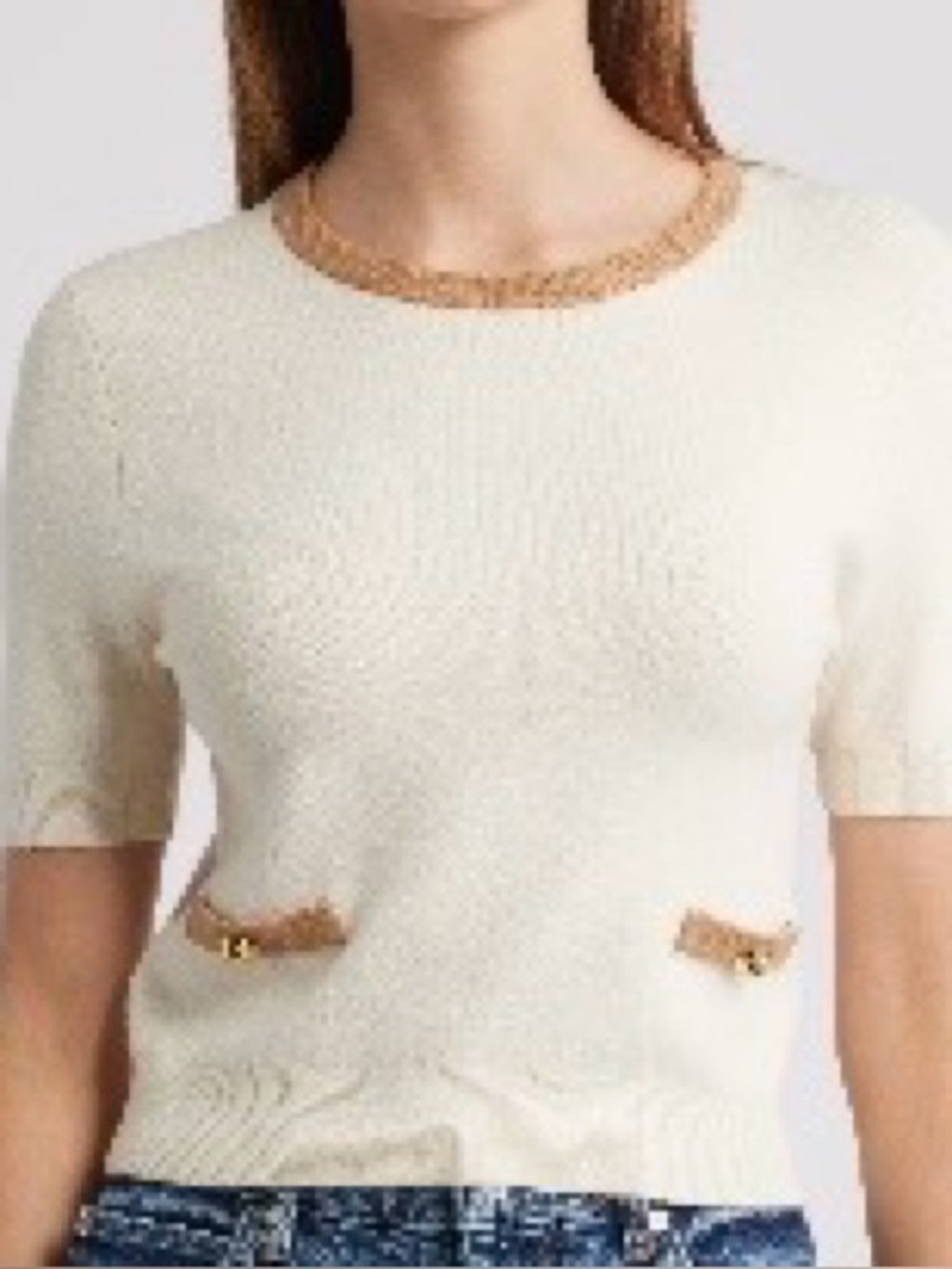 Cream Short Sleeve Sweater with Tan Trim and Gold Buttons